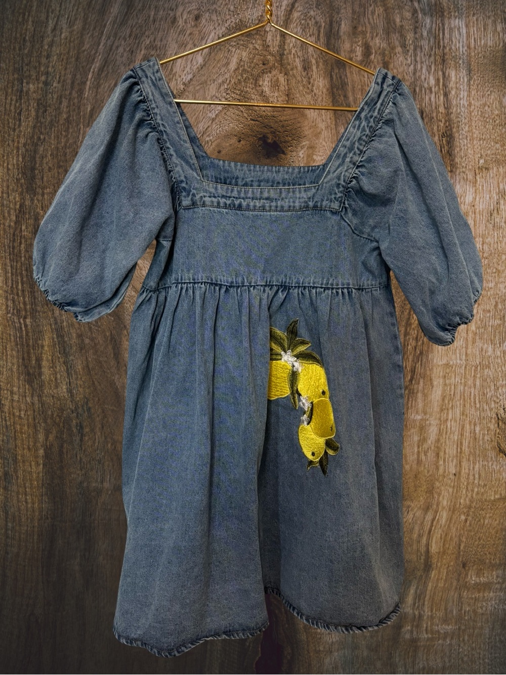 Rylee + Cru Repurposed Blue Denim BabyDoll Dress with Yellow Lemon Embroidery